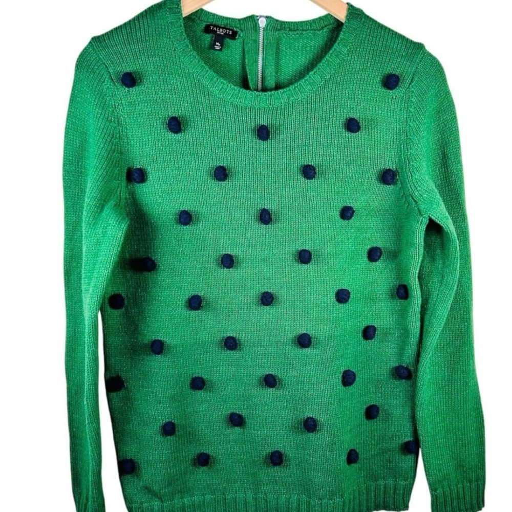 TALBOTS HOLIDAY GREEN SWEATER WITH NAVY POMPOM ACCENTS-MEDIUM - Picture 2 of 6